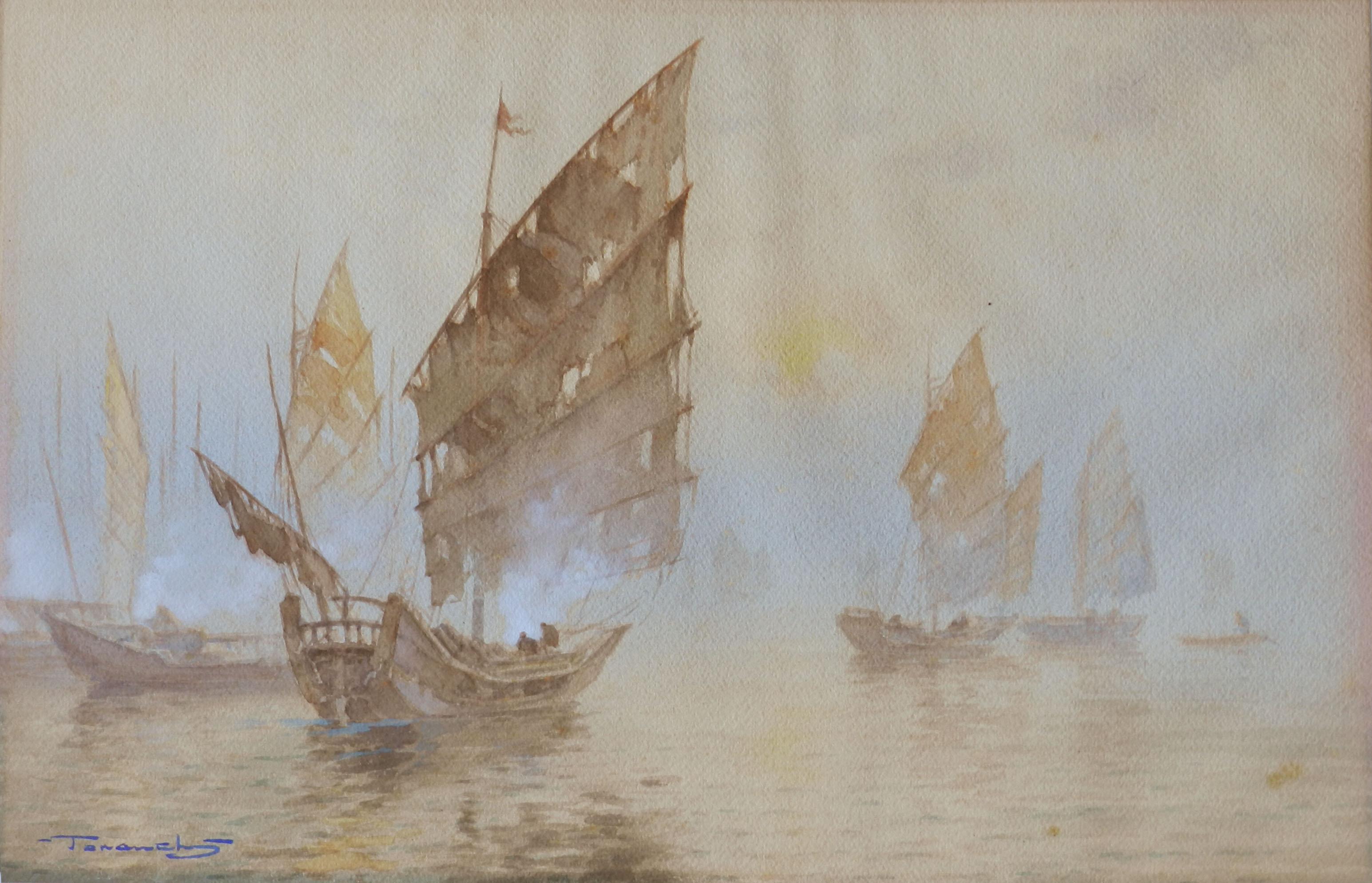 Unknown Landscape Art - Oriental Boats Watercolour Painting Artist Signed early 20th Century