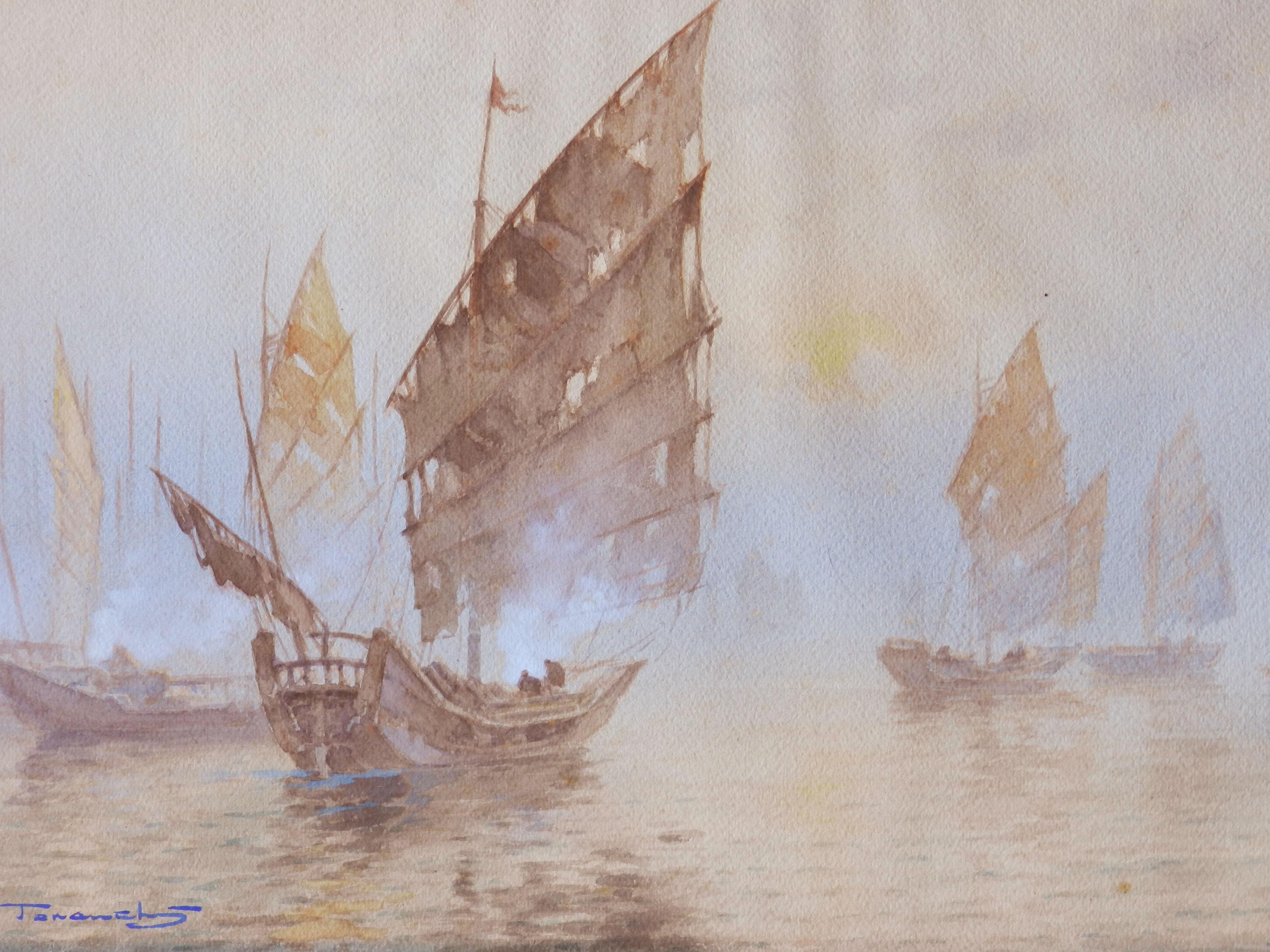 Oriental Boats Watercolour Painting Artist Signed early 20th Century For Sale 1
