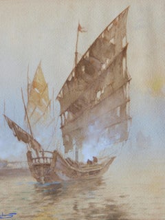 Oriental Boats Watercolour Painting Artist Signed early 20th Century