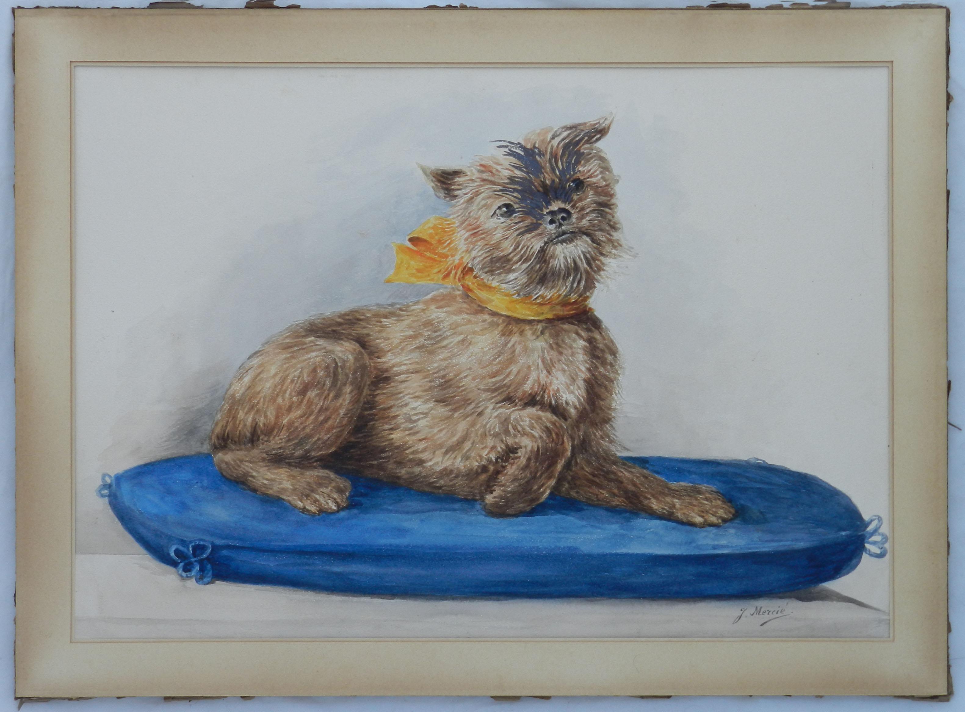 Dog Portrait Naive Watercolor Painting Terrier Folk Art J Mercie Mid Century For Sale 2