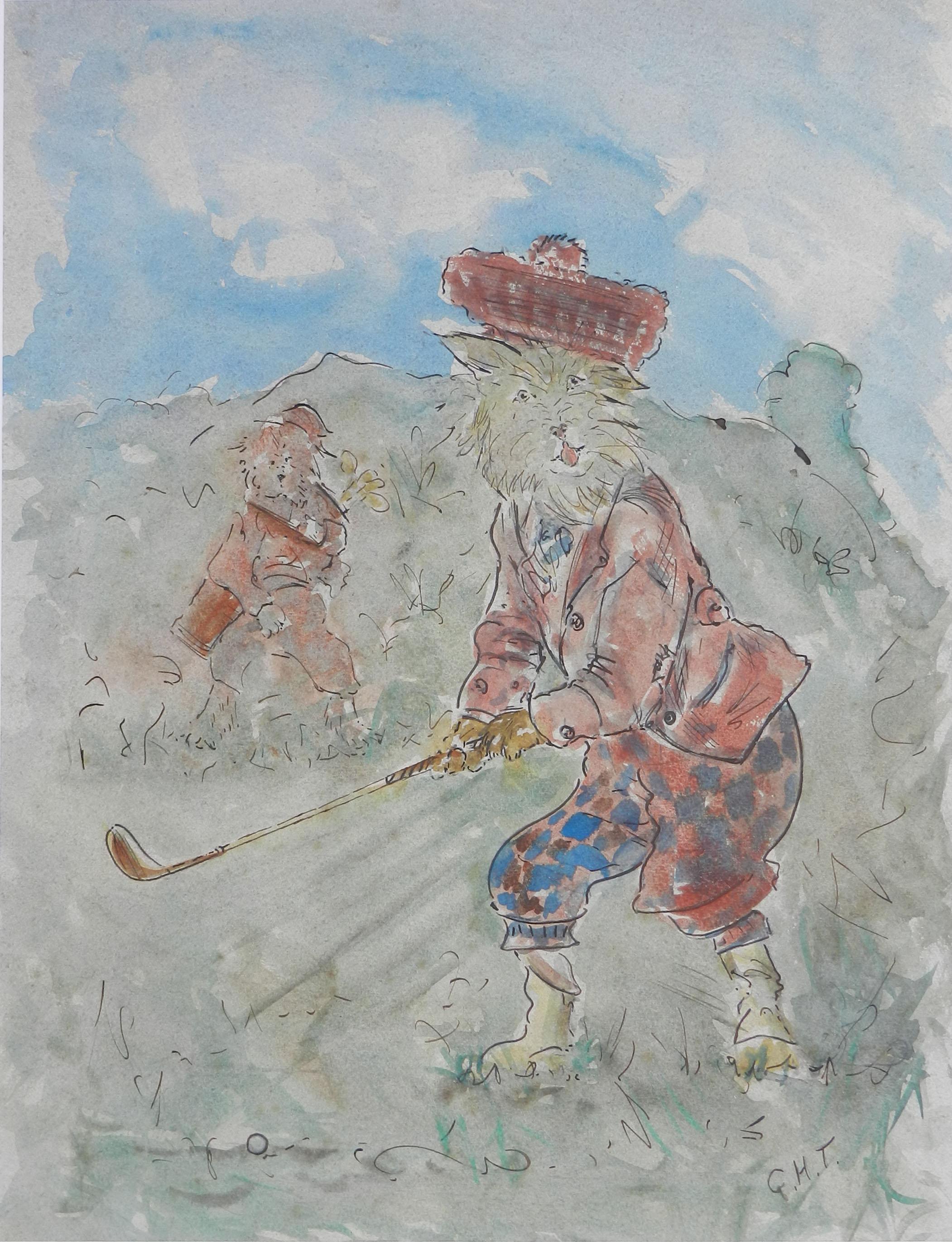 Unknown Figurative Art – Schottische Katzen, die Golf spielen, Aquarell, signierte Initialen, Mitte des Jahrhunderts