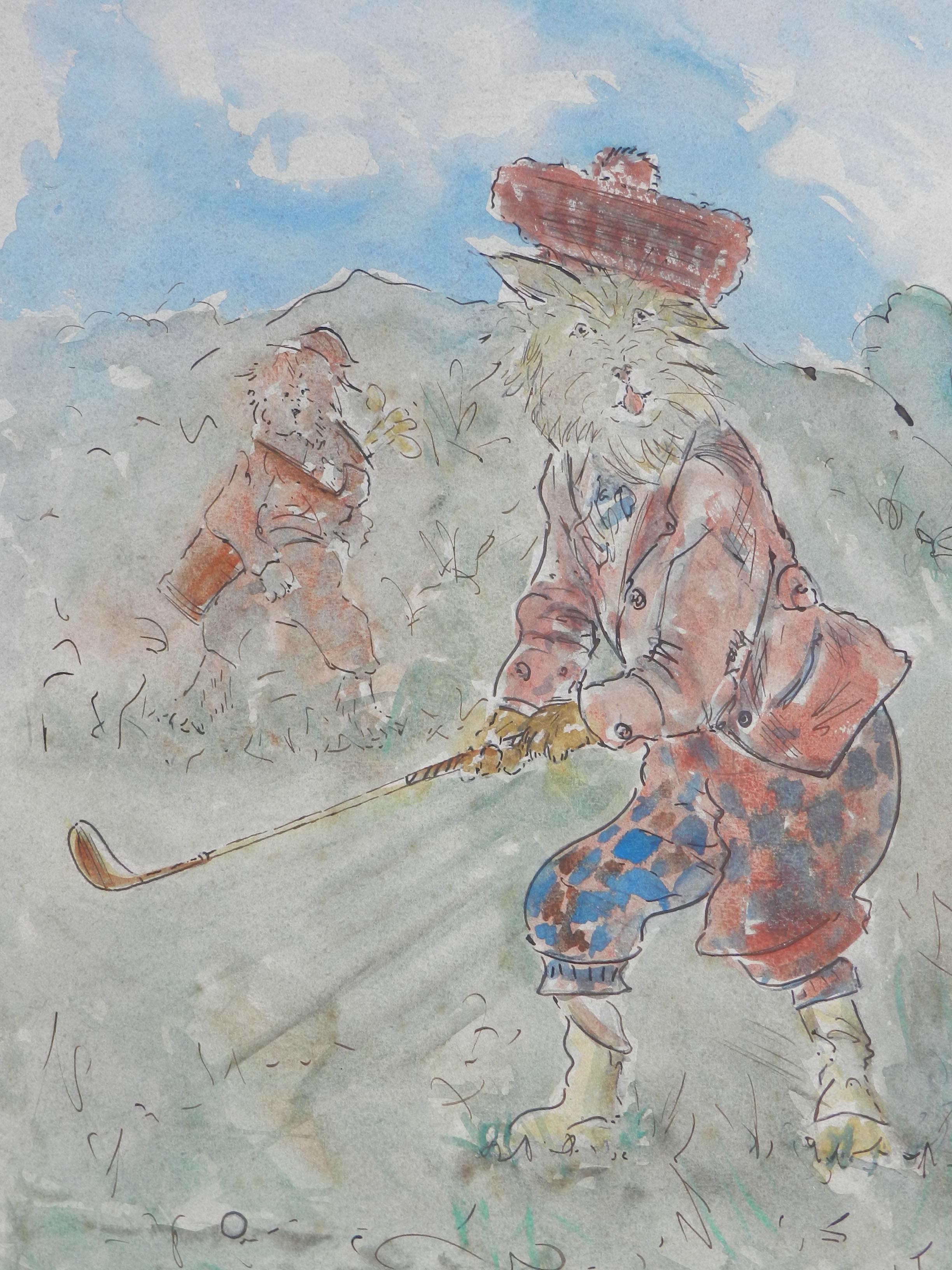 Scottish Cats Playing Golf Midcentury Watercolor Signed Initials - Art by Unknown