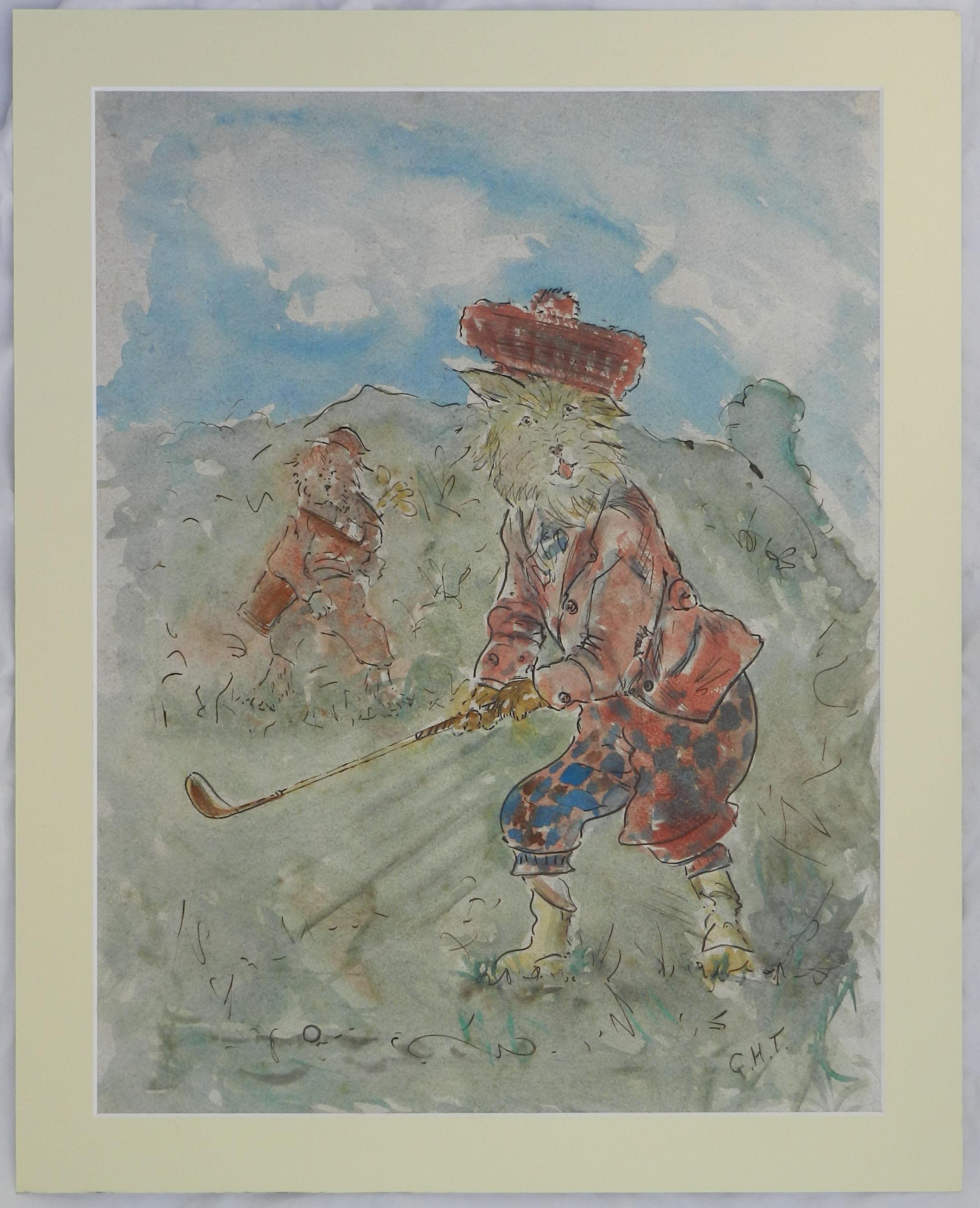 Scottish Cats Playing Golf Midcentury Watercolor Signed Initials For Sale 4