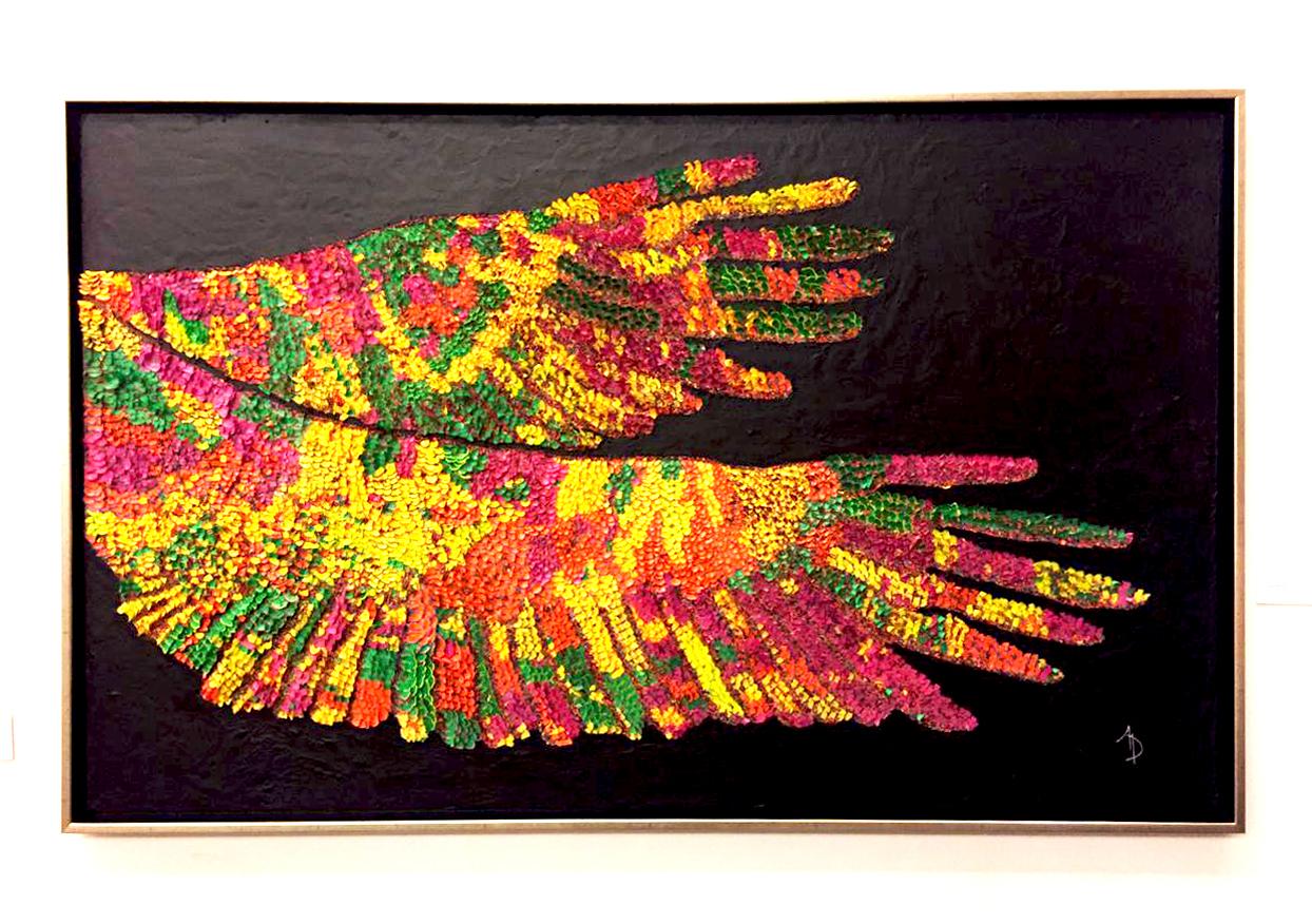 Paper Wings, abstract and colorful, recycled material on cement canvas 
