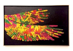 Paper Wings, abstract and colorful, recycled material on cement canvas 