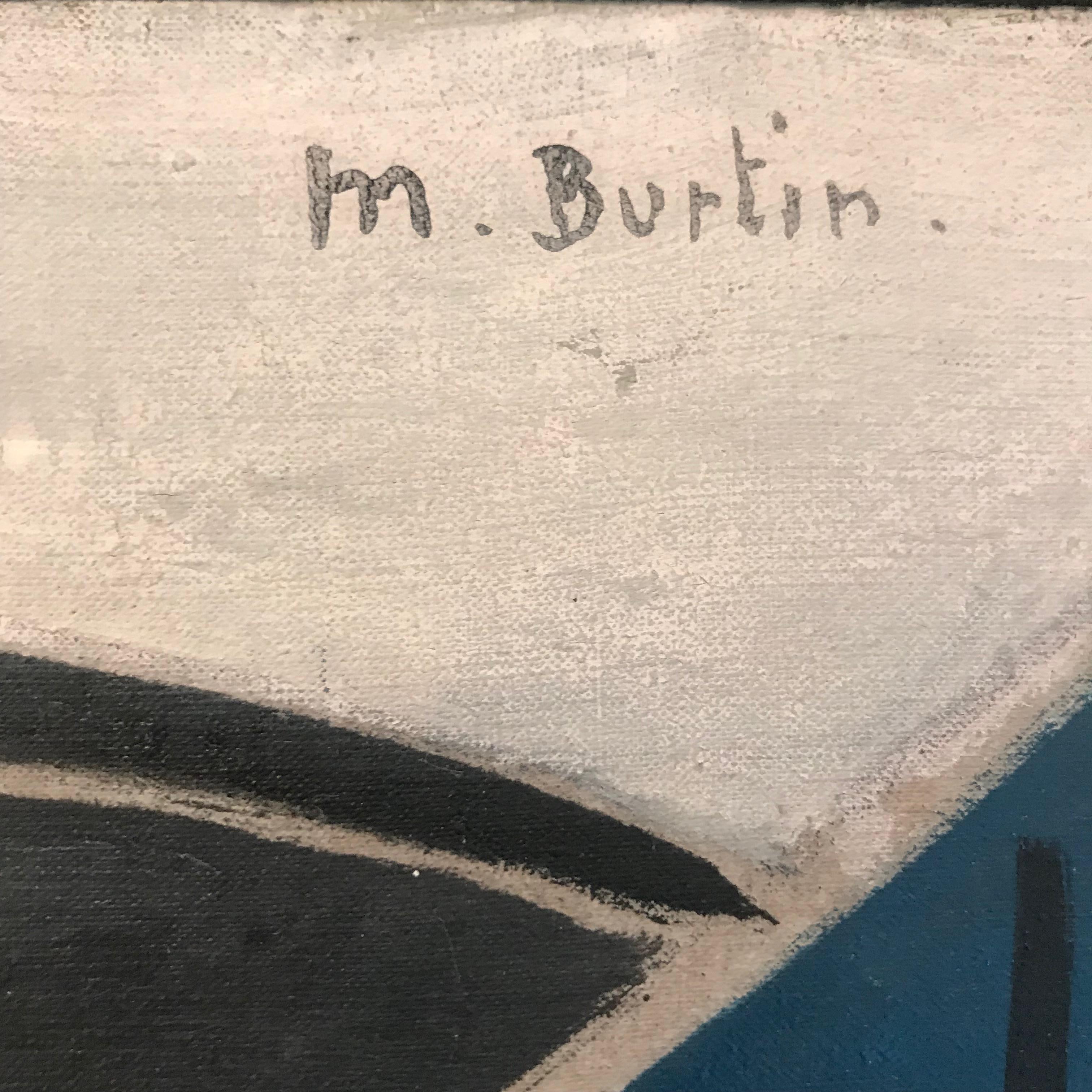 Cubist Marcel Burtin 'Composition' 1942 Paris Oil on Canvas Abstract Blue White For Sale 3