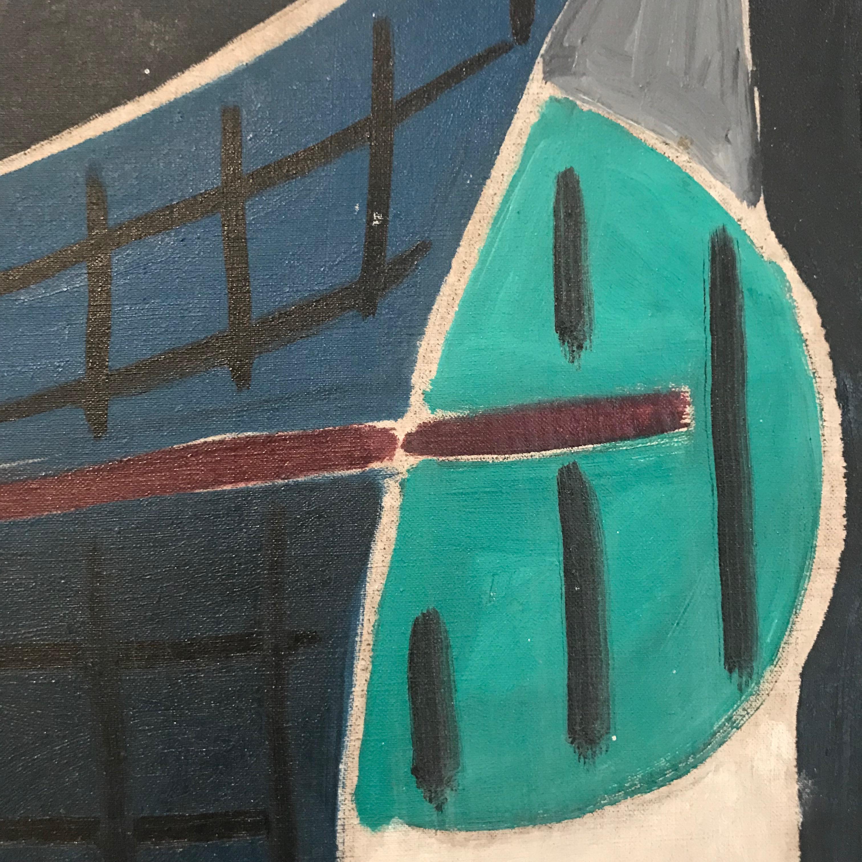 Cubist Marcel Burtin 'Composition' 1942 Paris Oil on Canvas Abstract Blue White For Sale 4