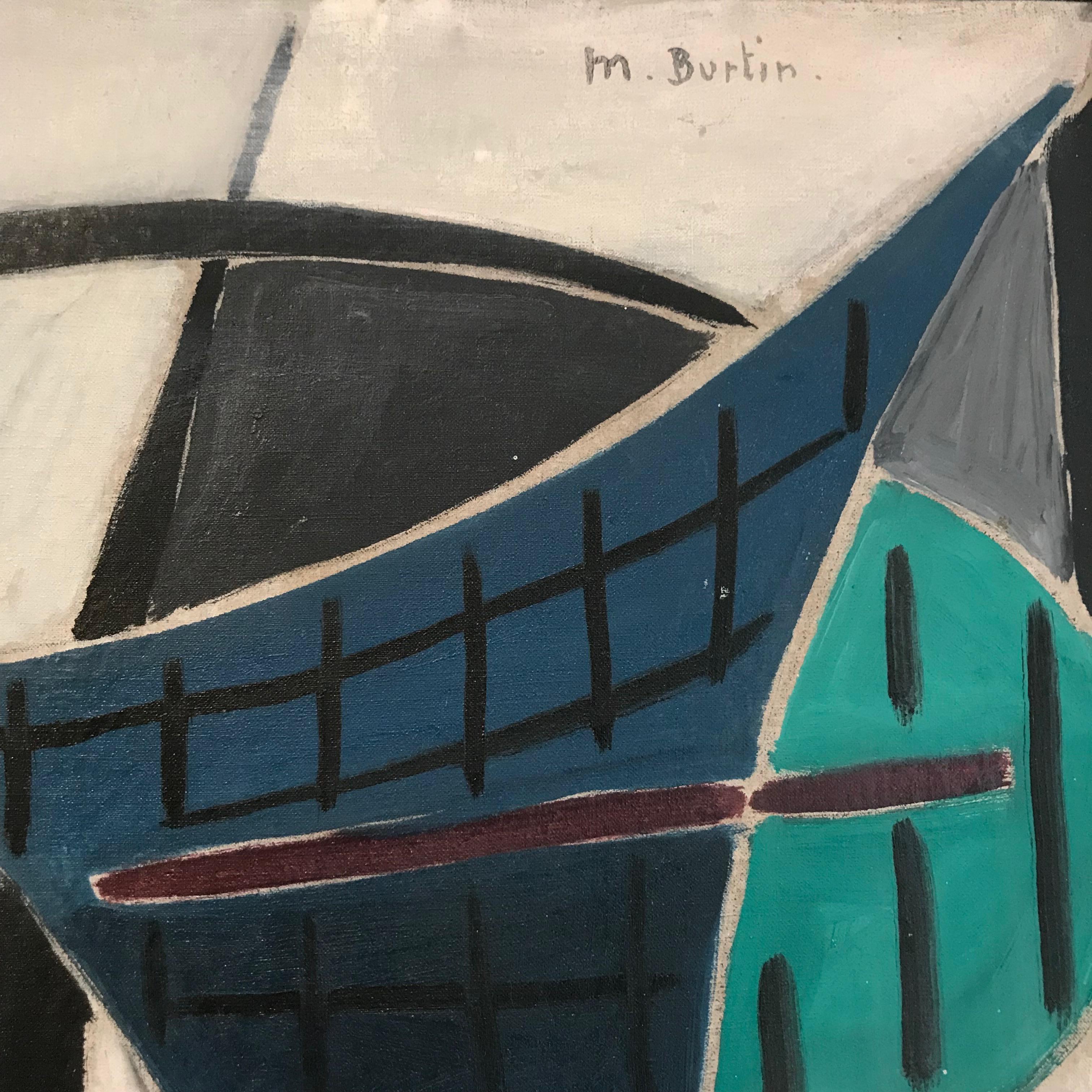 Cubist Marcel Burtin 'Composition' 1942 Paris Oil on Canvas Abstract Blue White For Sale 14