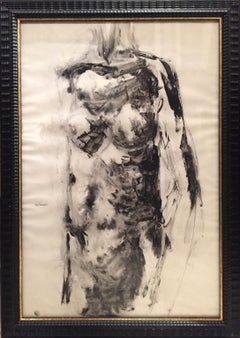 Nude' 50's Drawing by Vittorio Tavernari 'Woman's Torso' Black White Paper