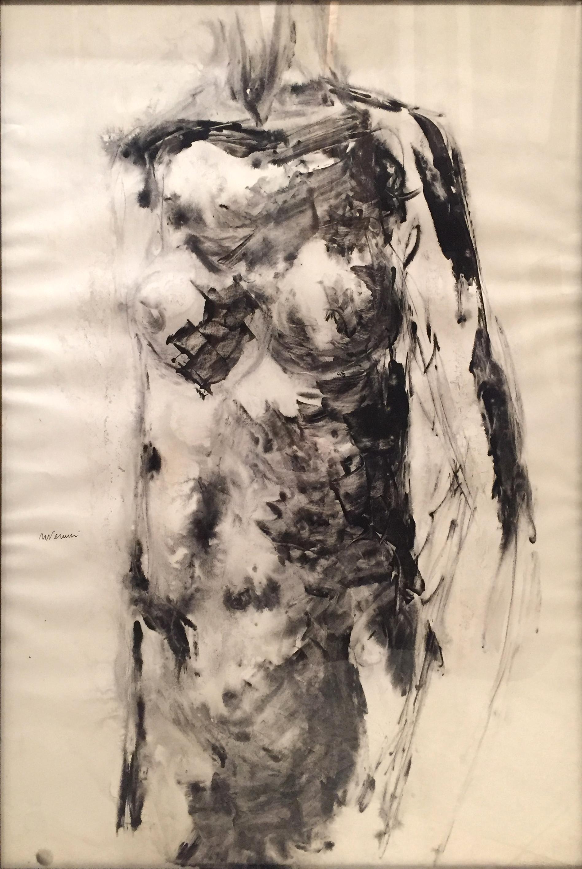 'Nude' 50's Drawing by Vittorio Tavernari 'Woman's Torso' Black White Paper For Sale 1