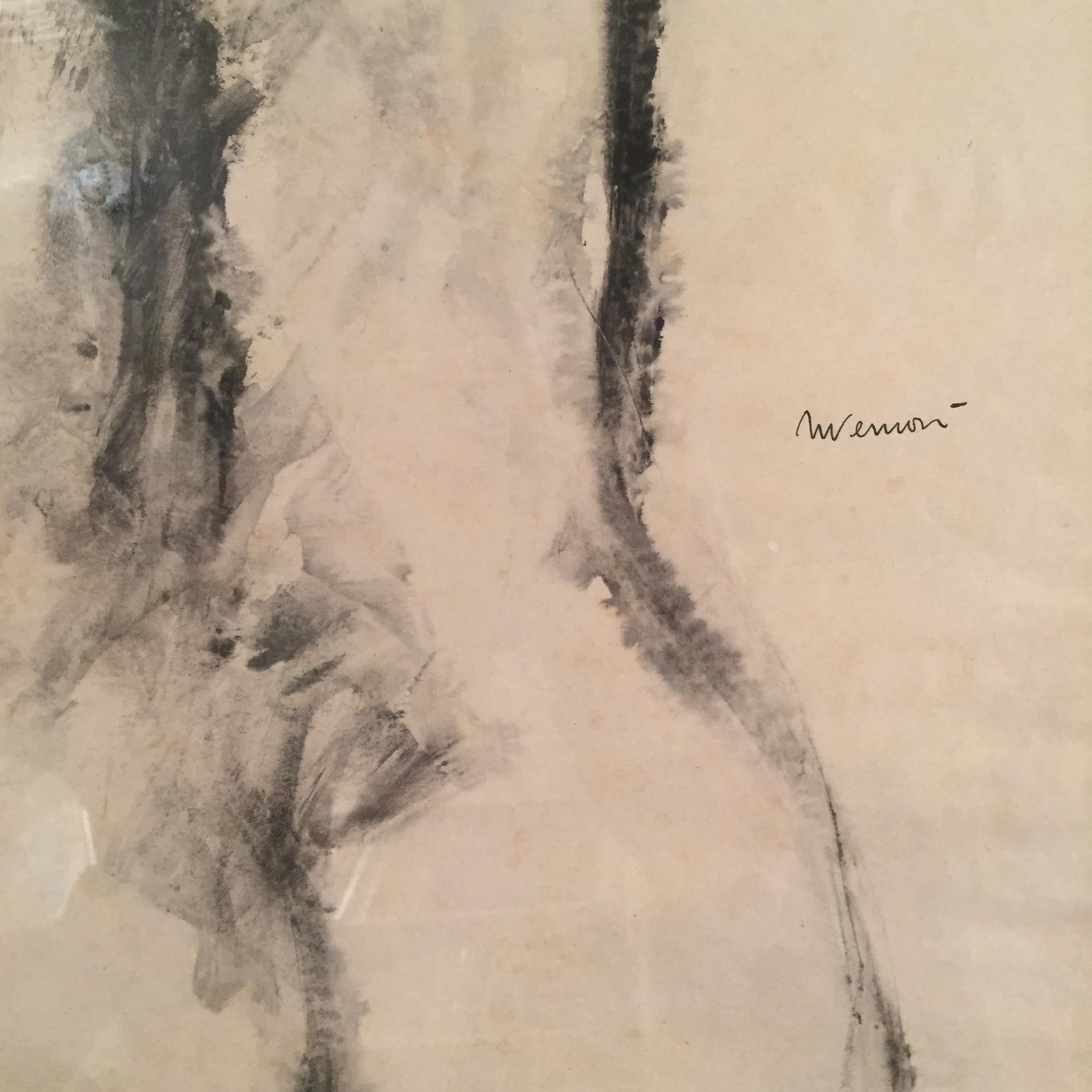 'Nude' Drawing by Vittorio Tavernari 50's Black and White Tempera on Paper For Sale 7