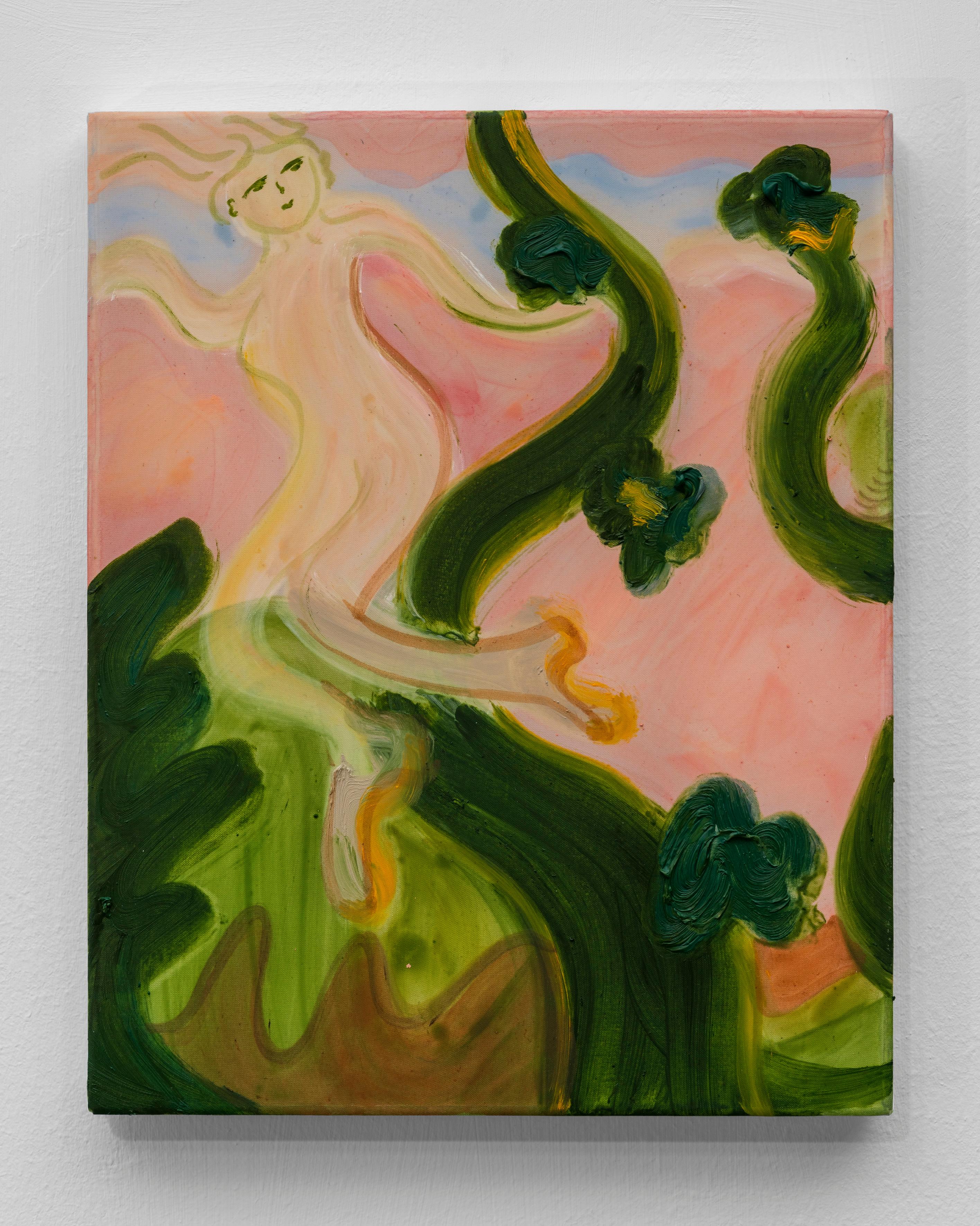 Escaping the Beanstalks’ Dream, 2021 - Yulia Iosilzon (Painting)
Signed
Oil on transparent fabric
9 3/4 x 7 3/4 inches

Yulia Iosilzon (b 1992) works directly with a mix of oil and silicone on stretched translucent silk. Building up layers of paint,