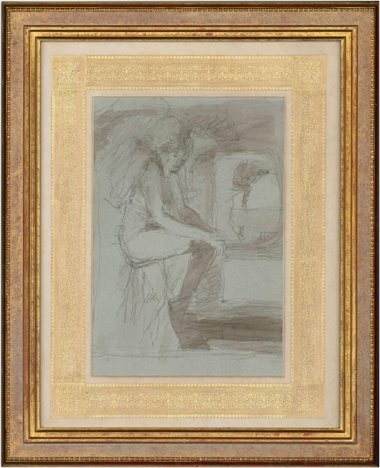 An expressive figurative interior study by the acclaimed British artist Bernard Dunstan (1920-2017) NEAC PRWA RA. Drawn in charcoal with wash, presented in a card mount with gold embossed detailing and in a gilt mount with beaded detailing.