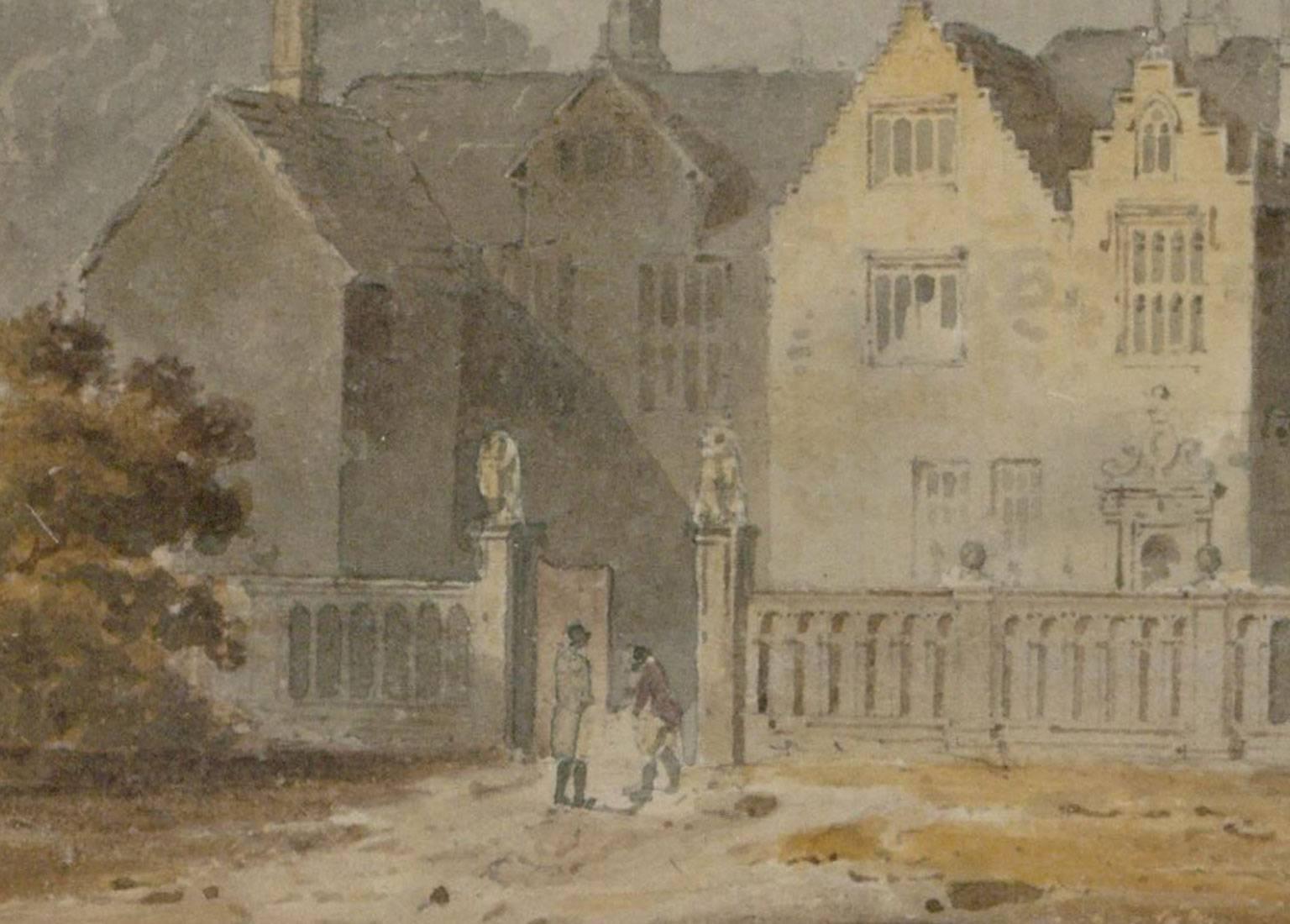 A very finely painted mid 19th century English watercolour depicting figures before a stately home, excellently presented in a washline mount and modern gilt frame. We have attributed this watercolour to John Chessell Buckler through comparisons
