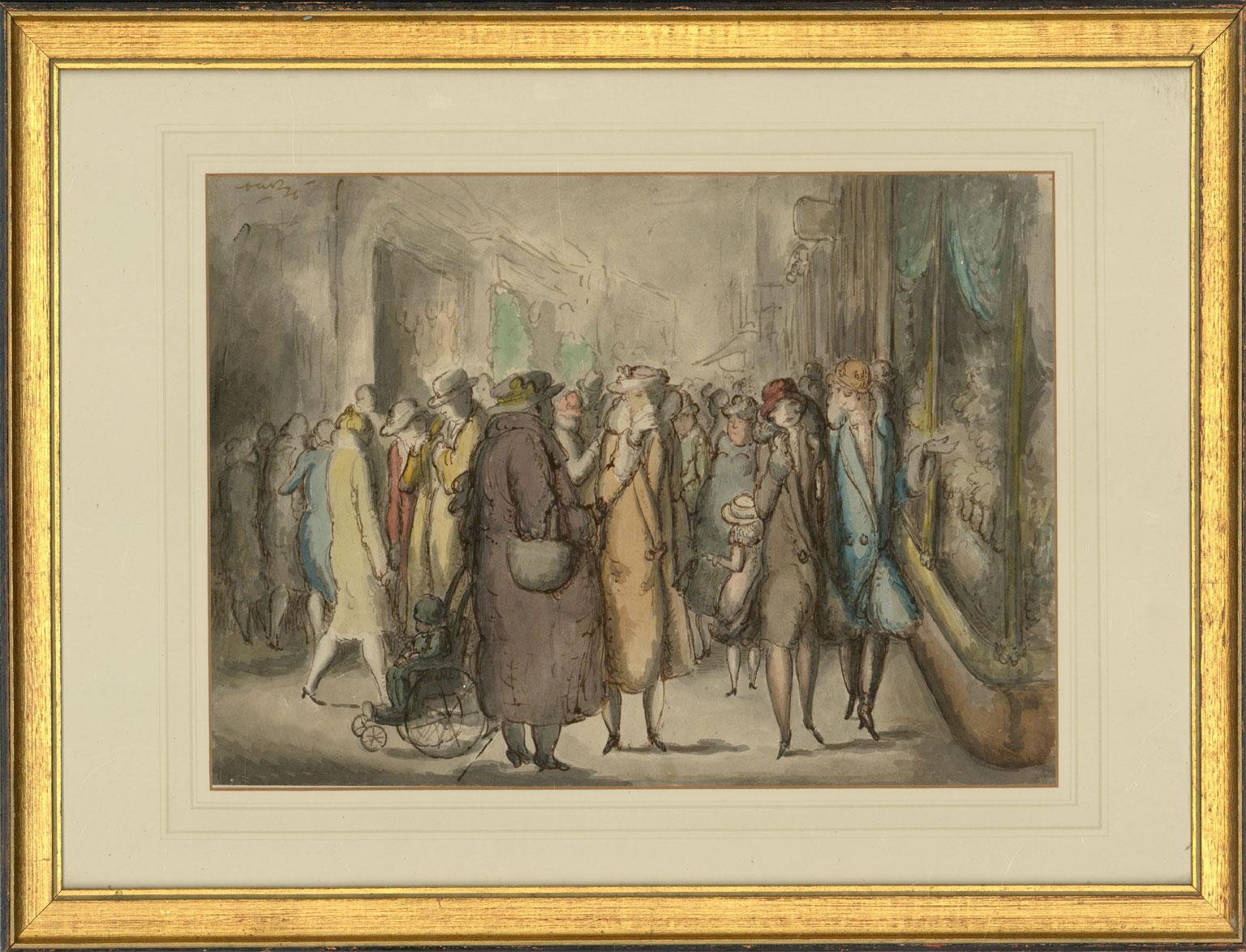 A fantastic view of shoppers on a street, likely Tunbridge Wells or Brighton, both places where Harold Hope Read lived for a time - he enjoyed drawing the fashionable ladies outside the department stores in Tunbridge Wells in particular. This scene