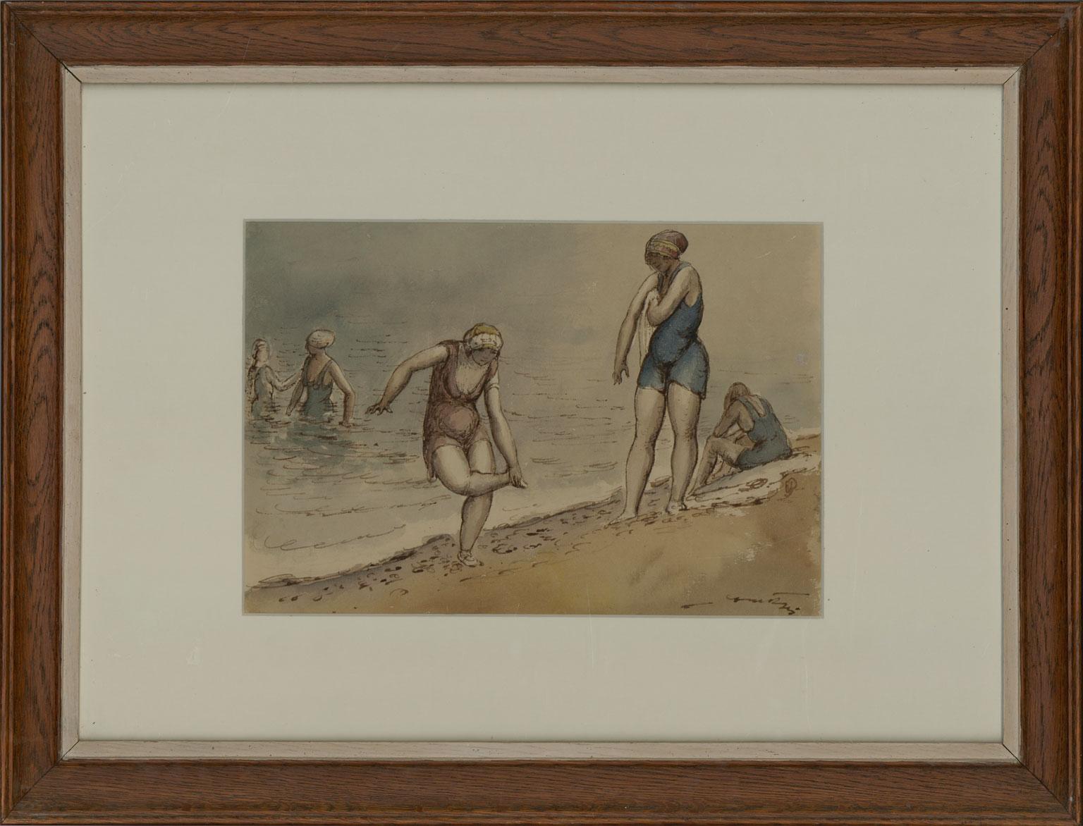 A beautifully observed study of bathers on an English beach by Harold Hope Read, painted in the artist's typical narrative style. This is a wonderful example of Hope Read's beach scenes, many of which are featured in our collection. His bathers are