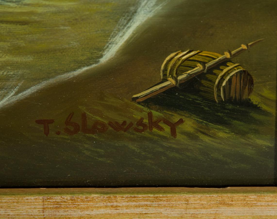 An excellent oil painting on canvas in the 19th century manner showing a stormy marine scene with a sailing ship in distress. Signed to bottom right by the well listed artist 'T. Slowsky'. This painting is well presented in a wooden frame with green