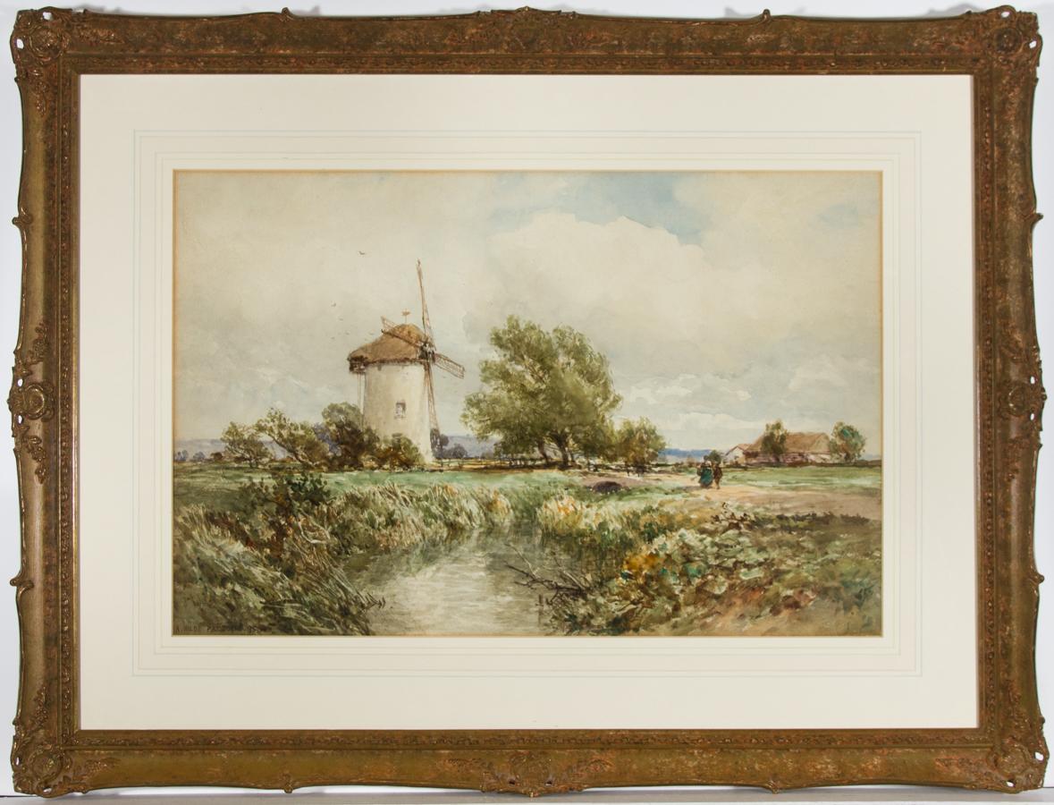 An original 1895 Watercolour by English artist Arthur Wilde Parsons RA (1854-1931). An exquisite watercolour painting depicting an expansive English river landscape with figures in a water meadow, a windmill and cottages nearby. Delicately painted