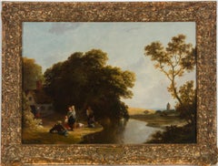Antique Edmund Marriner Gill (1820-1894) - 1847 Oil, Cottage Scene, A Brook with Figures