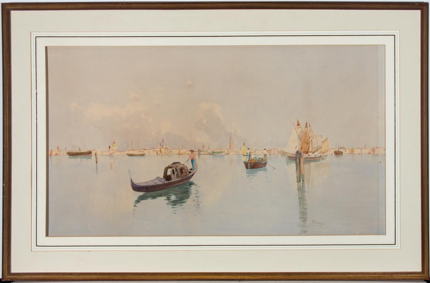 A fine late 19th or early 20th century watercolour by the Italian artist Carlo Menegazzi. Here Menegazzi has captured the Venetian Lagoon, with the city visible on the horizon. The Lagoon stretches from the River Sile in the north to the Brenta in