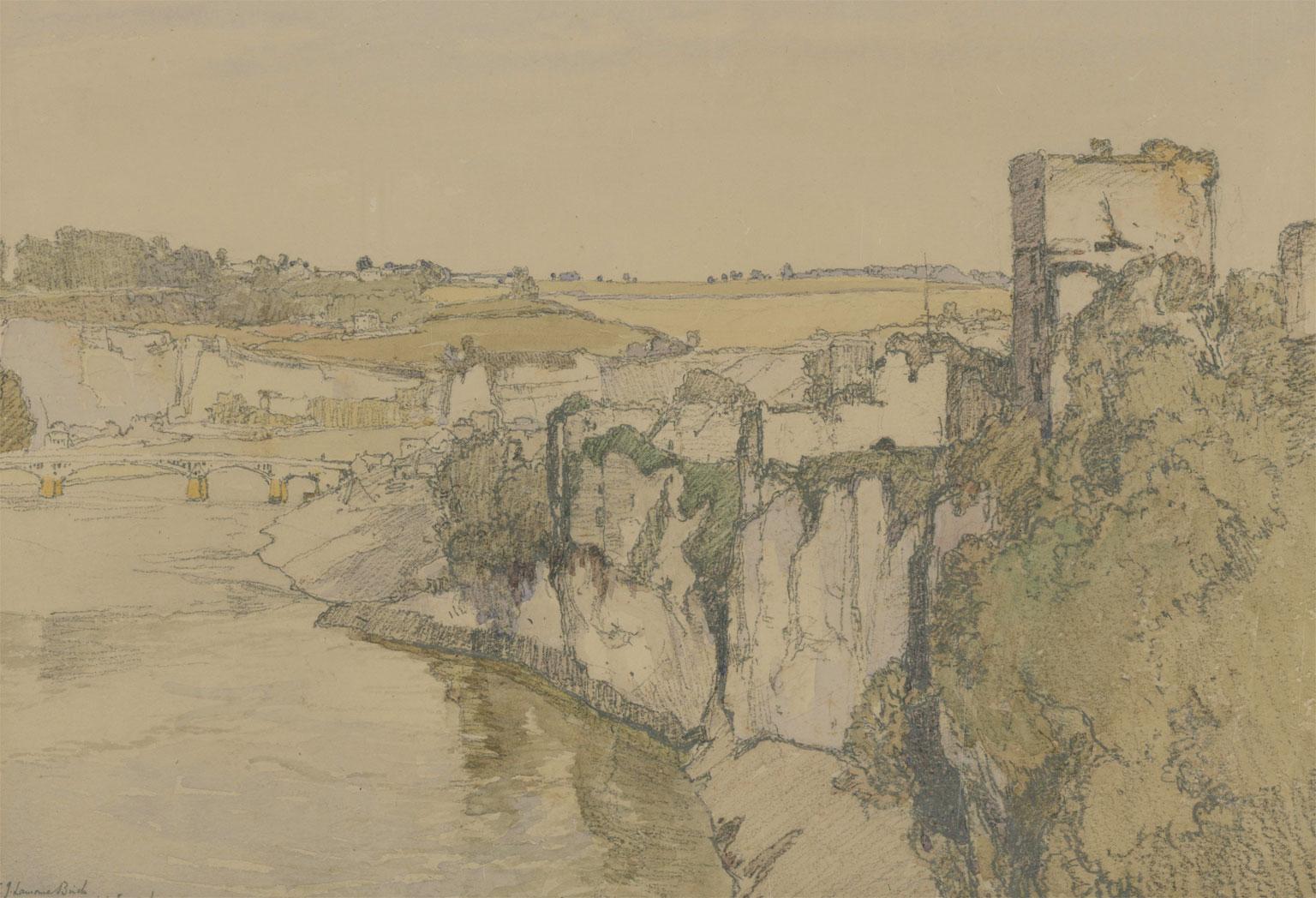 A fine and carefully detailed 1916 watercolour with graphite detail by the artist Samuel John Lamorna Birch (1869-1955), depicting Chepstow Castle on the river Wye in Wales. This meticulously detailed composition has an angled viewpoint, adding