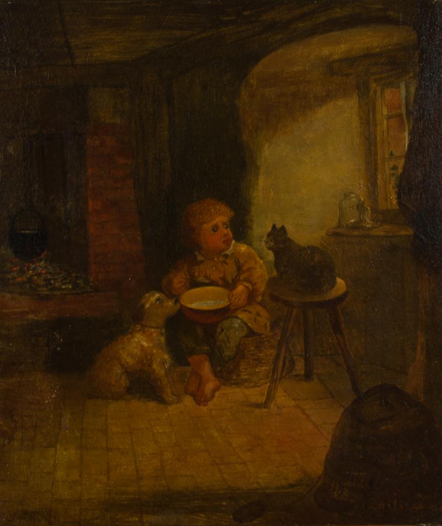 A significant and atmospheric continental interior scene by the British Victorian artist John Eaton Walker (c.1824-1896) in oil on canvas. Entitled 'Rival Claimants', the artist depicts a cosy and tangible cottage interior, with a small boy sitting