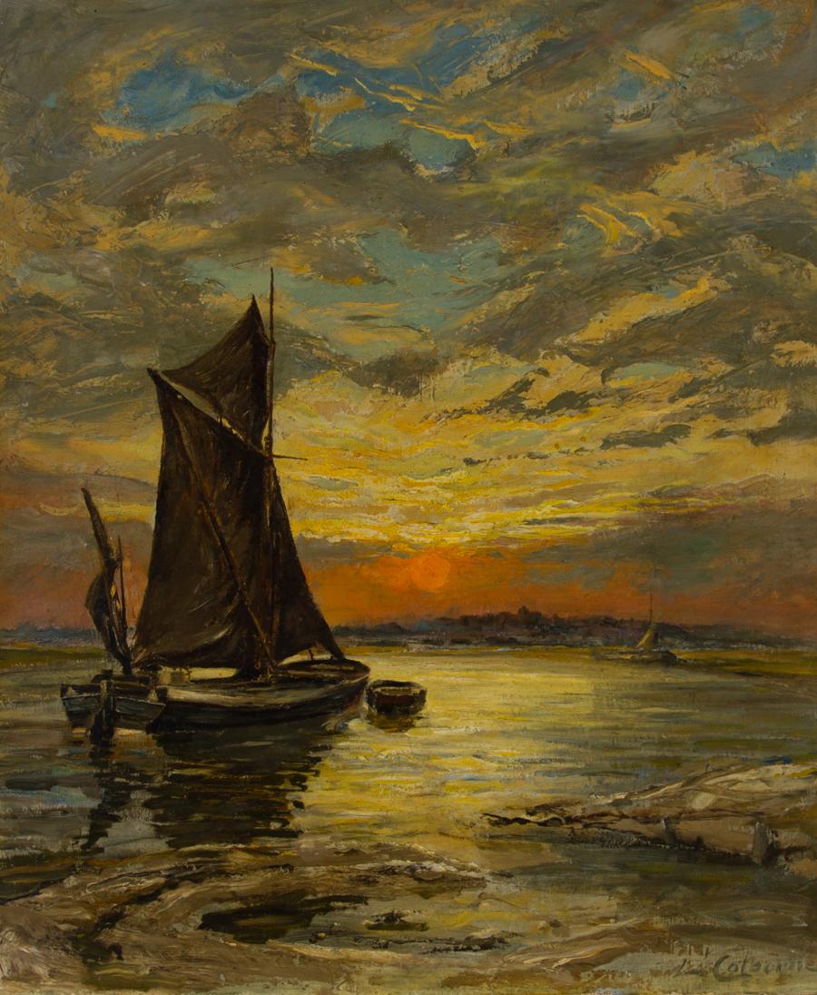 A finely painted 19th century oil depicting a sailing boat in the sunset, with loose brushstrokes and areas with thick impasto giving the painting significant texture. It is signed to the lower right corner 'L. Colburne'. There is an inscription on