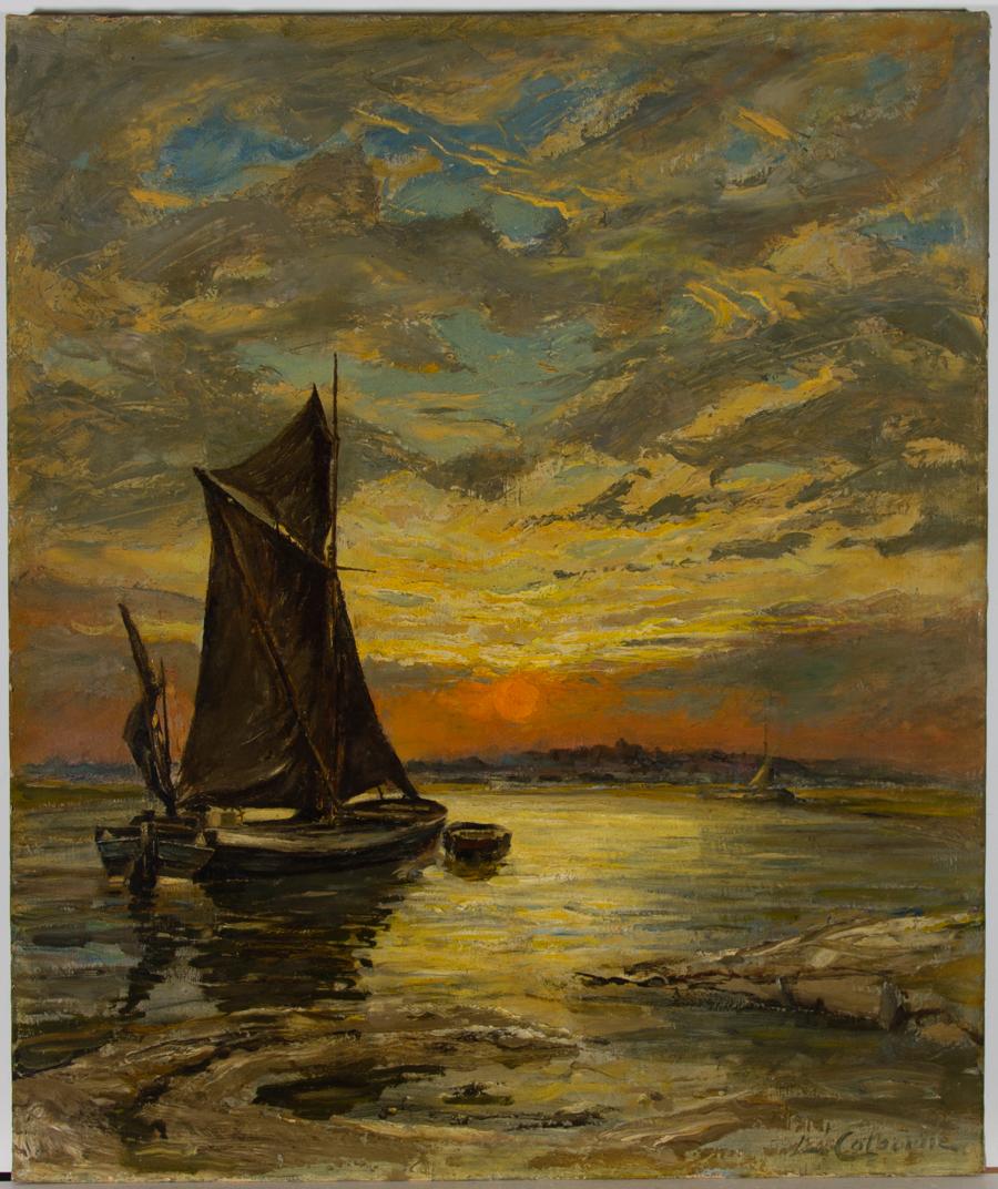L. Colborne - Fine 1860 Oil, Sailing Boat in Sunset 1