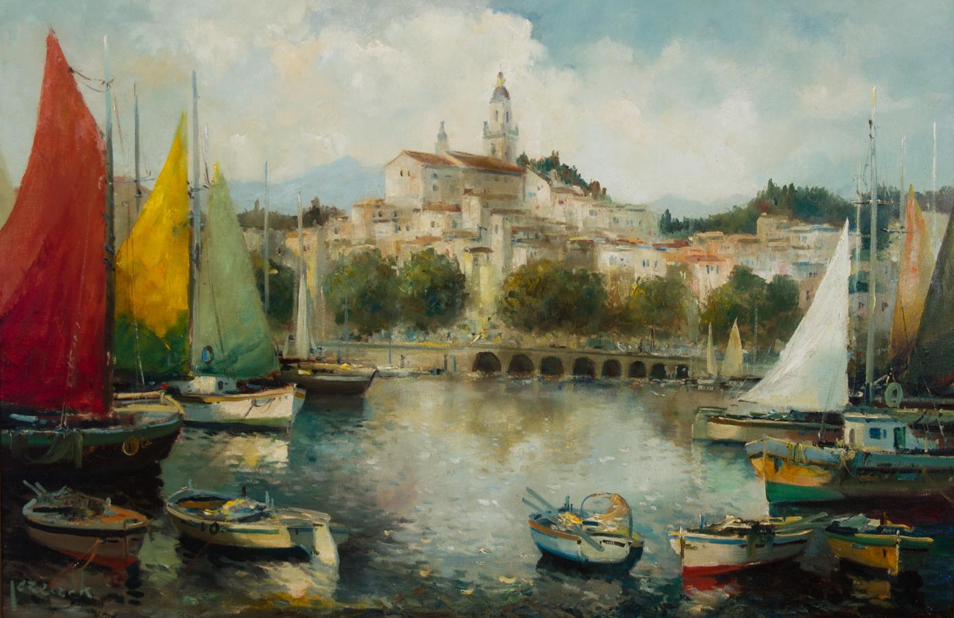 An outstandingly fine work by the listed Berlin-born artist Christian Jereczek (1935-2003), portraying the harbour at Menton, a town on the French Riviera, near the Italian border. Know as the perle de la France, Menton has a clear Italian influence