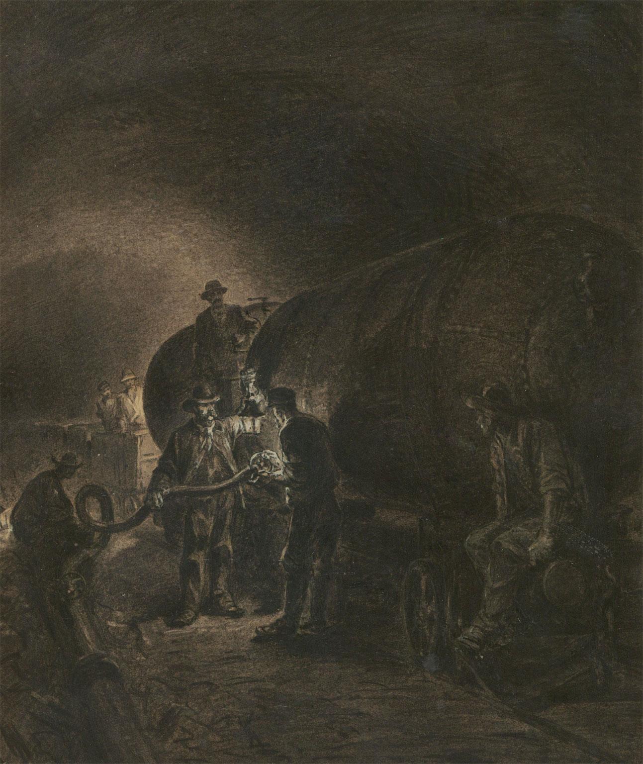 A very fine charcoal with gouache highlights by the well established French painter and illustrator Léon Benett. Benett has maintained a high level detail despite the overall darkness of the charcoal medium. The scene depicts a number of figures by