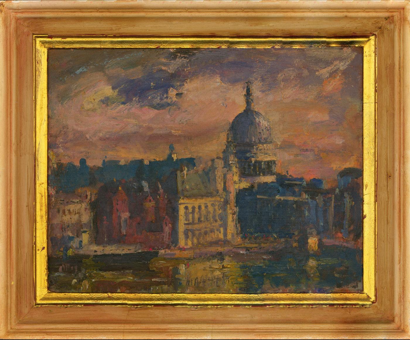 A very well executed impressionistic cityscape of London, clearly showing St. Paul's Cathedral and the River Thames in the foreground. The pink and blue tones give this painting a warm ambiance, and the areas of thick impasto add texture. It has