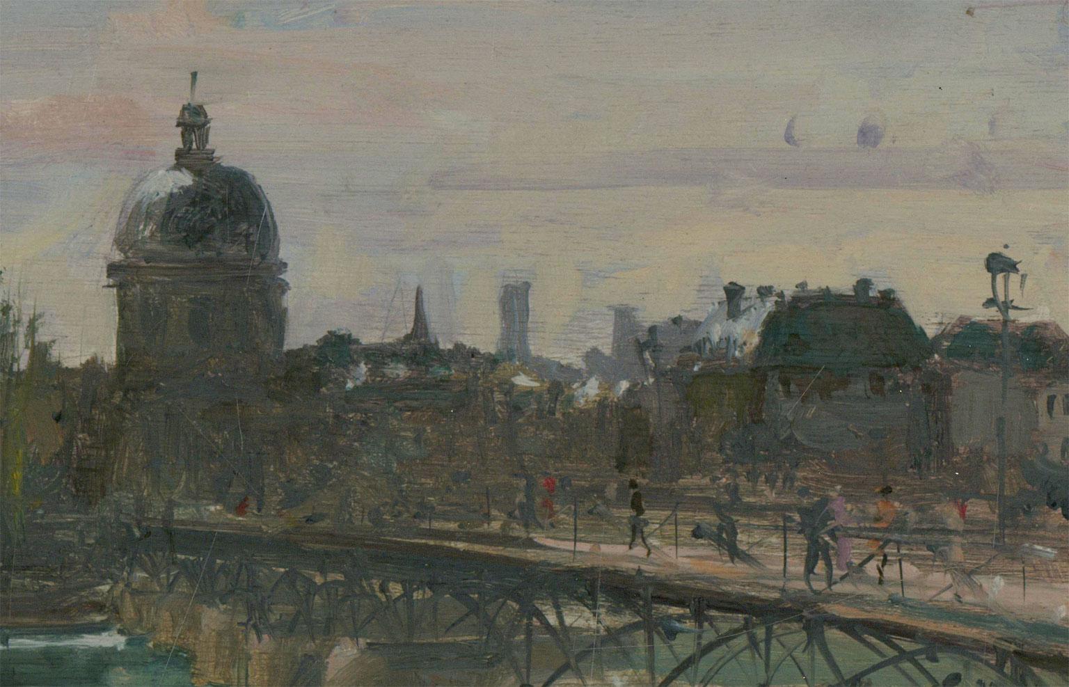 A finely executed oil painting by the listed artist Ronald Olley, depicting figures on the Pont des Arts bridge in the foreground over the River Seine, with the landmark Institut de France in the background. The pastel hues around the sky area give