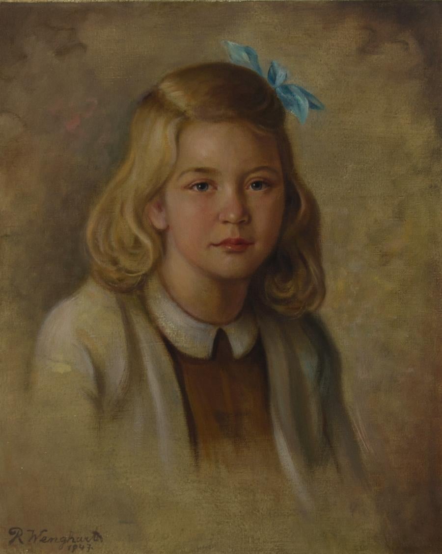 A very fine mid 20th century portrait by the celebrated Austrian artist Rudolf Wenghart (1887-1965). Here he has captured a pretty young girl with blond hair and a blue bow. She gazes at the viewer with a nonchalant expression and a half smile.