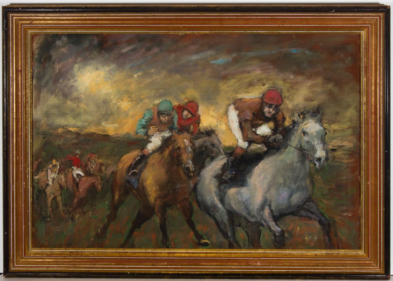 Sulis Fine Art is proud to present a very fine contemporary oil painting by British artist Ronald Olley. This finely composed painting captures the dynamic movement of the horses and jockeys. The vivid colours and expressive brush marks give this