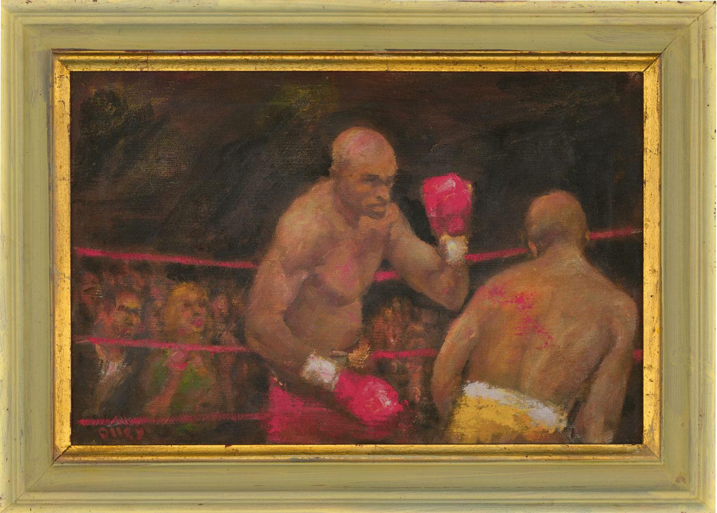 An extremely fine and engaging work by the British listed artist Ronald Olley (b.923), depicting a boxing match in the ring. Olley has chosen an intimate perspective, close to the action of the fighters within the ropes, and with a sea of spectators