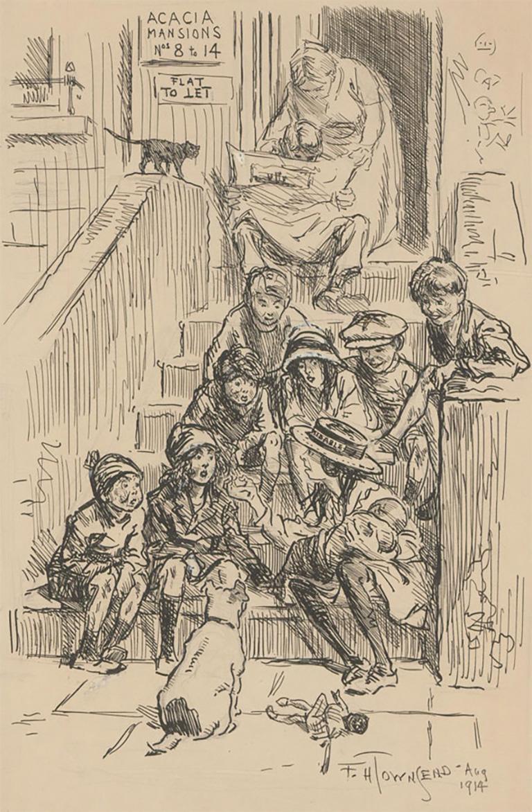An original pen and ink drawing by Frederick Henry Townsend (1868-1920) for Punch Magazine. Here the artist has captured the mood at a very specific time in Britain, at the outset of The First World War. This drawing can be considered an interesting