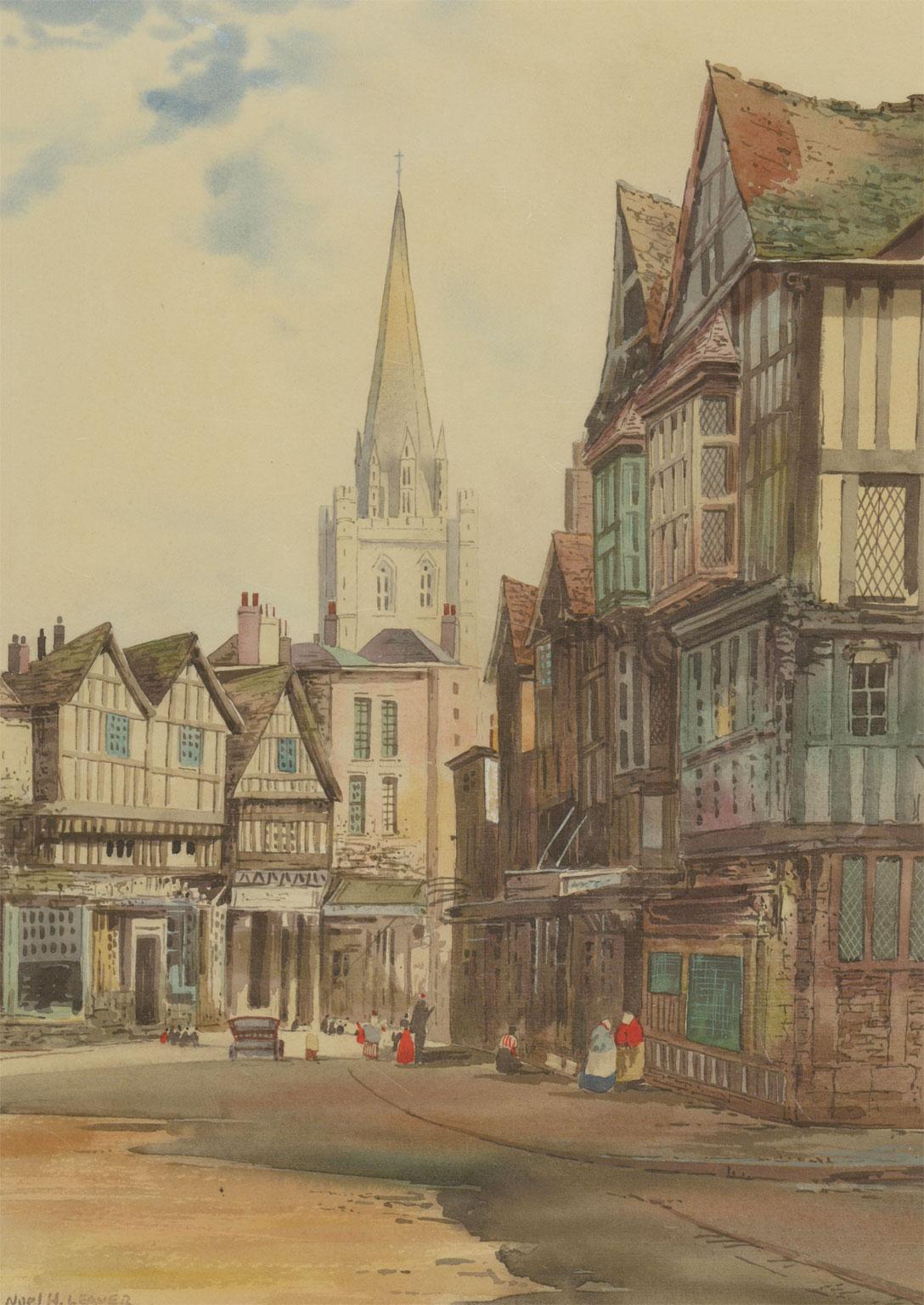 Noel Harry Leaver RCA (1889-1951) - Acuarela, Centro de la ciudad con una aguja 1