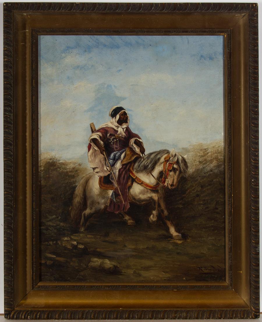 A very fine early 20th century oil by R. Trinidad. The artist has captured the gentleman dressed in fine purple robes riding a handsome white horse. There are definite similarities between this particular composition and the work of the Orientalist