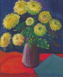 Edith Birkin (1927-2018) – Schönes Ölgemälde des 20. Jahrhunderts, Dahlias in einer Vase