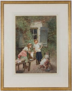 Aquarelle encadrée de l'école continentale du 19e siècle - Enfants avec leurs poupées
