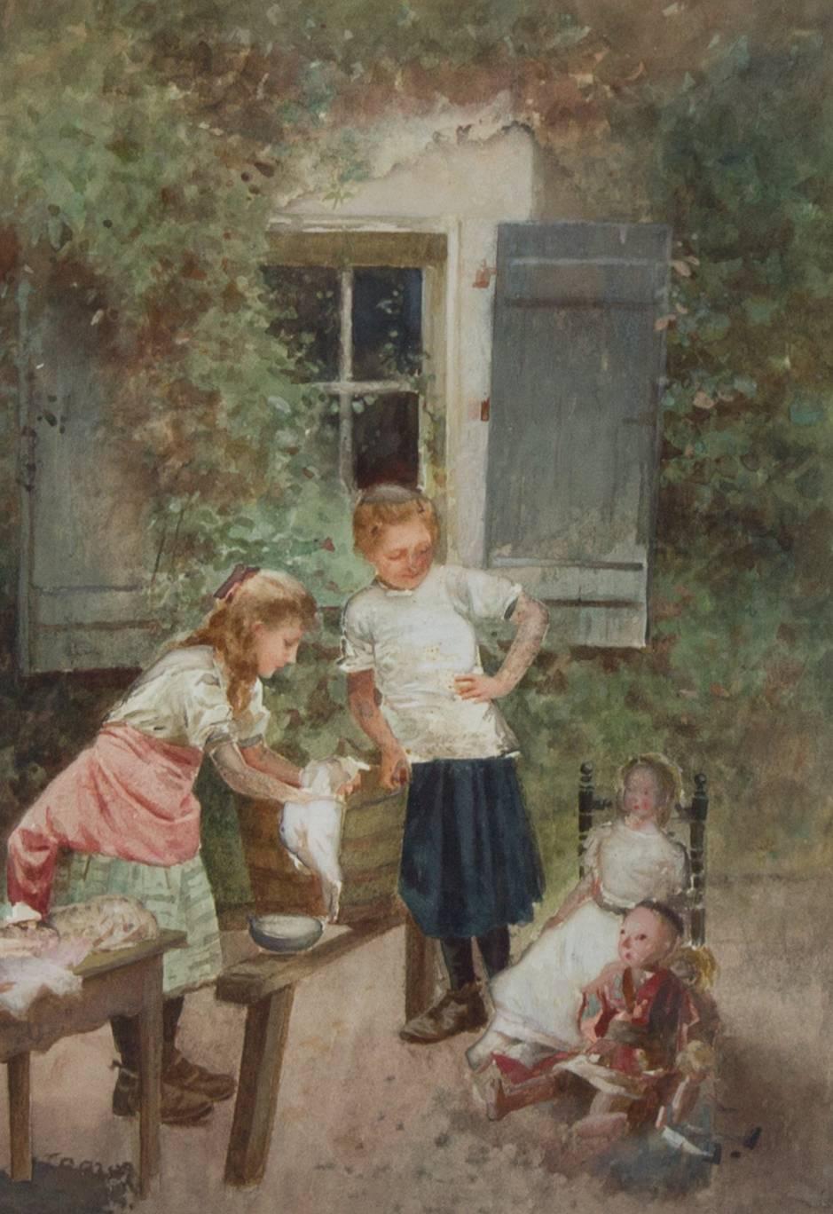 Aquarelle encadrée de l'école continentale du 19e siècle - Enfants avec leurs poupées - Painting de Unknown