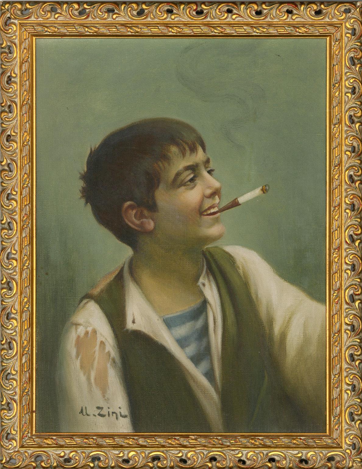 Un portrait à l'huile finement peint d'un jeune homme fumant une cigarette:: signé en bas à gauche « U. Zini ». L'artiste a peint un certain nombre de portraits similaires représentant de jeunes garçons ou gitanes fumant des cigarettes ou des pipes.