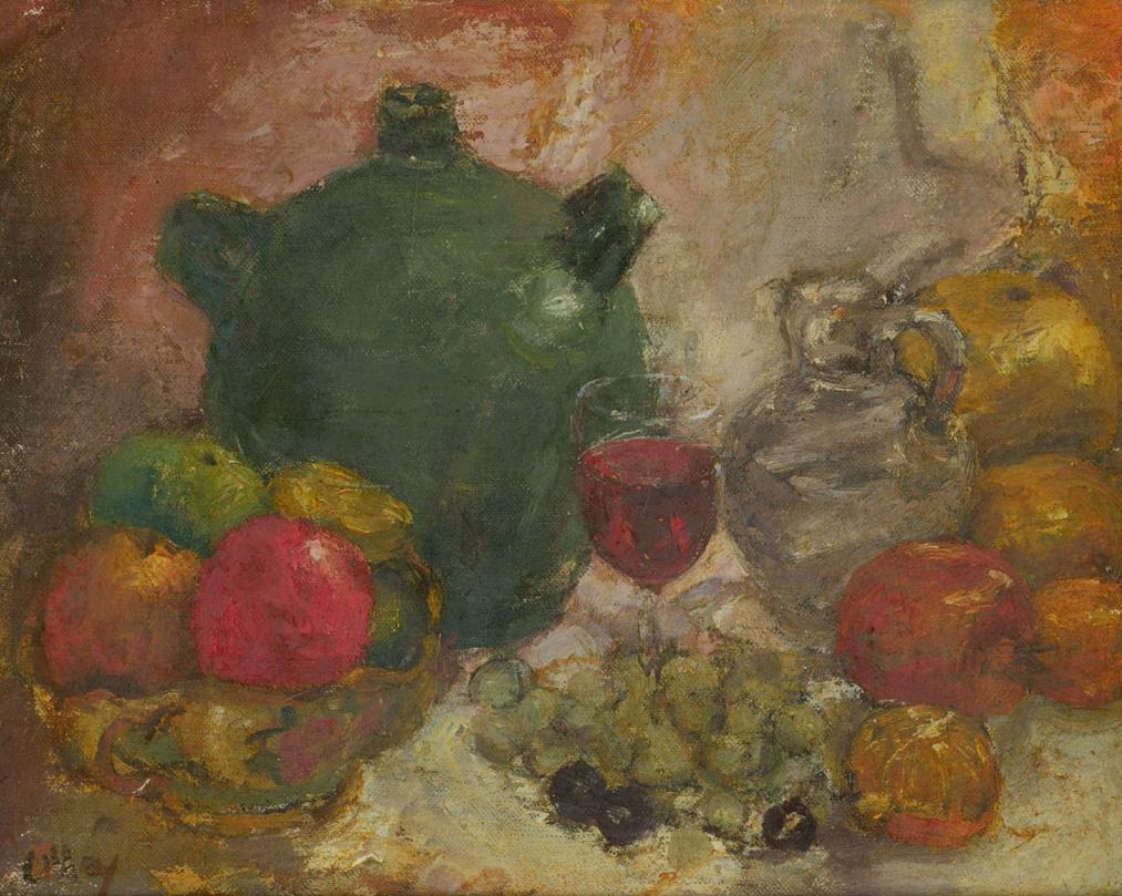 Sulis Fine Art is proud to present a very fine contemporary still life by listed artist Ronald Olley.

This finely composed still life features various fruits and ornaments that are painted with a rich life likeness. The vivid colours and expressive