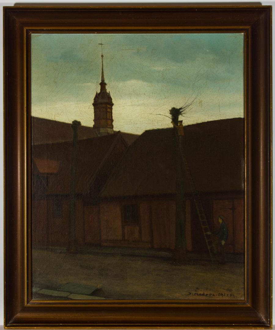 Sulis Fine Art is proud to present a fine oil on canvas by the prolific Danish painter Jeppe Manson Ohlsen (1891-1948).

This highly original scene depicts cottages in the UNESCO World Heritage Site of Christianfield, Denmark. The spire of the