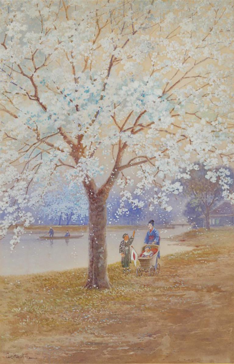 Eika Kato (1869-1942) - Japanese School Watercolour, Figures Under Cherry Blosso - Art by Eika Kato.