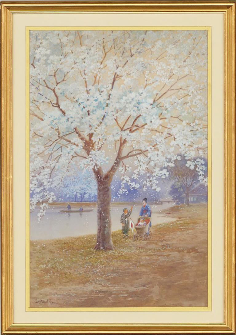 Eika Kato. Landscape Art - Eika Kato (1869-1942) - Japanese School Watercolour, Figures Under Cherry Blosso
