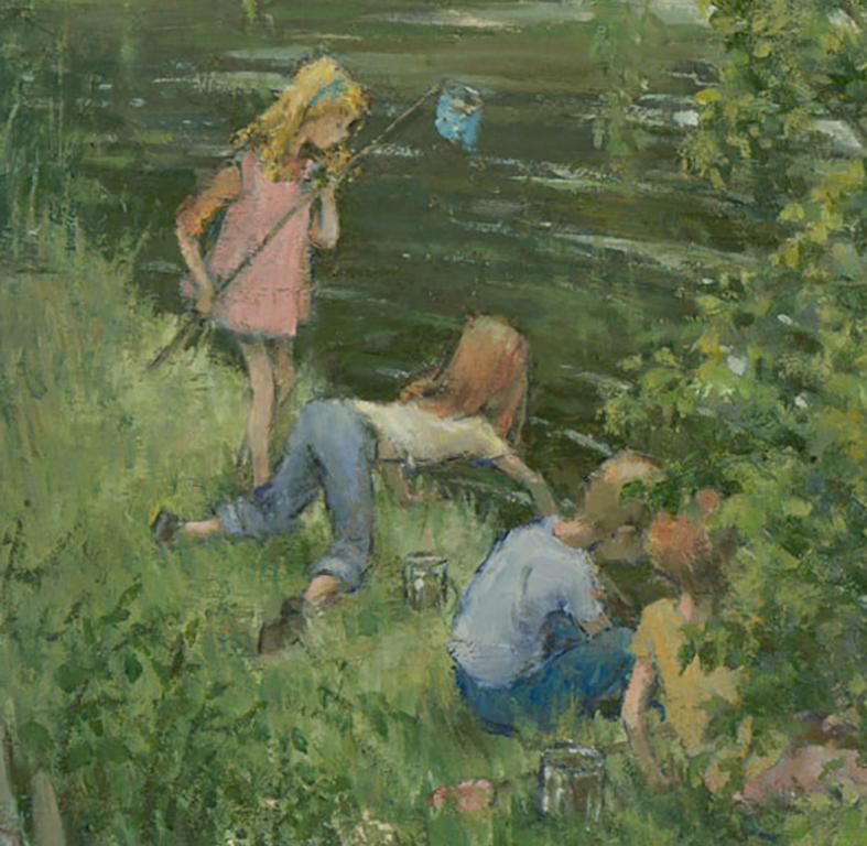 Edith Lawson - A Charming Mid 20th Century Oil, Children Fishing on a River 3