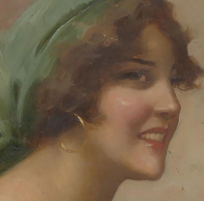 A very fine portrait of a young lady with a green headscarf. Bears signature. On board.
