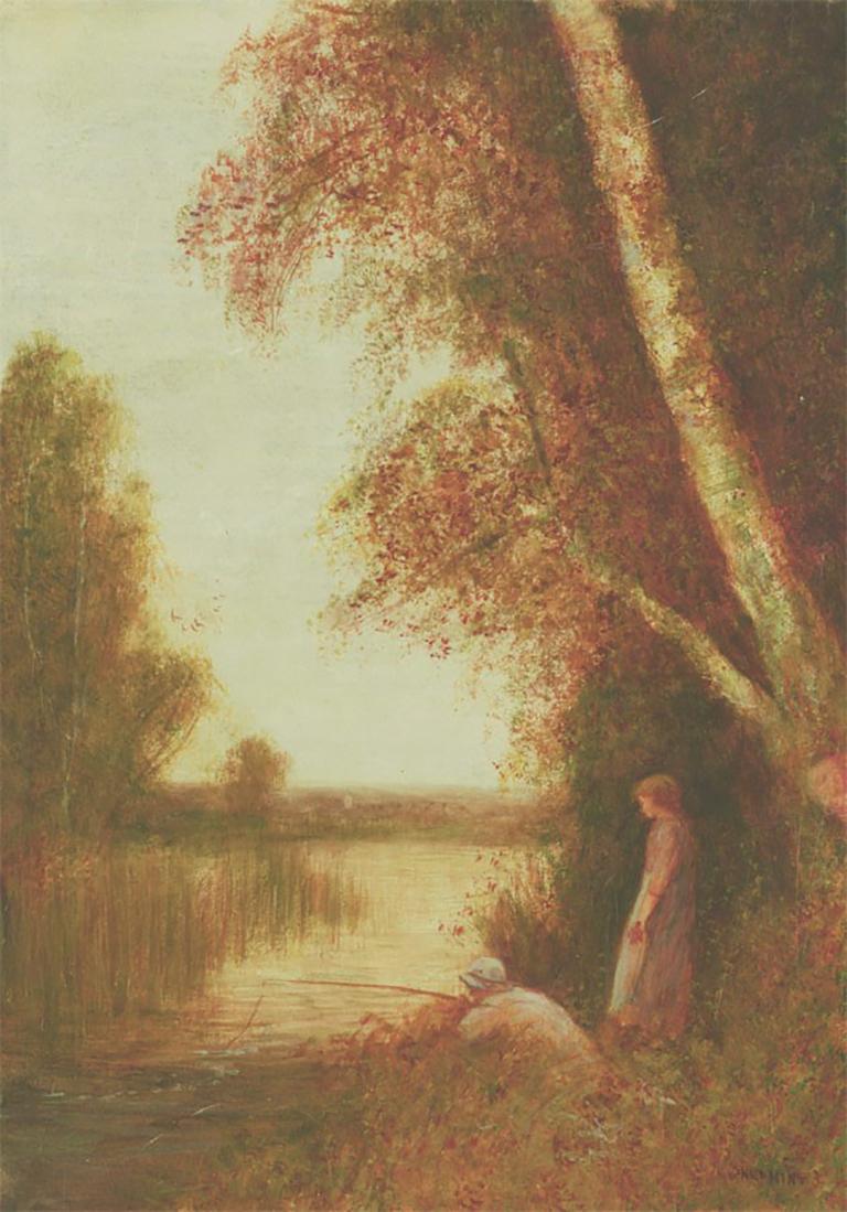 A very fine late 19th / early 20th century English watercolour depicting two young girls fishing on a river bank. This is an excellent example of Frederick Hine's work, which often shows children in a river landscape. This watercolour is excellently