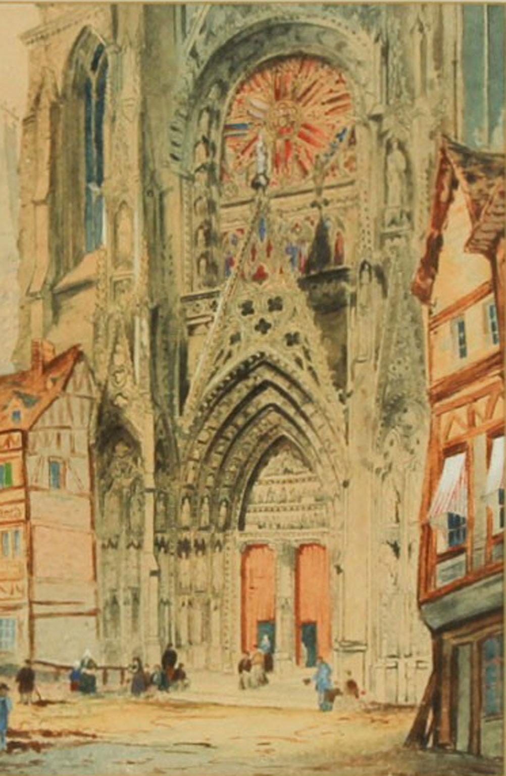 English School 19th Century Watercolour - Rouen Cathedral - Beige Landscape Art by Unknown